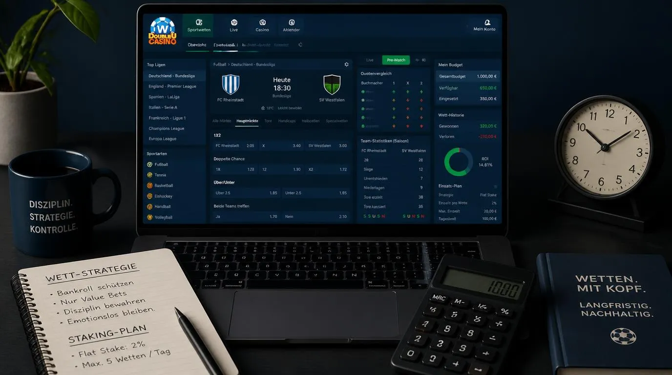 Sportwetten-Analyse mit Quotenvergleich, Spielstatistiken und festem Wettbudget auf einem Laptop
