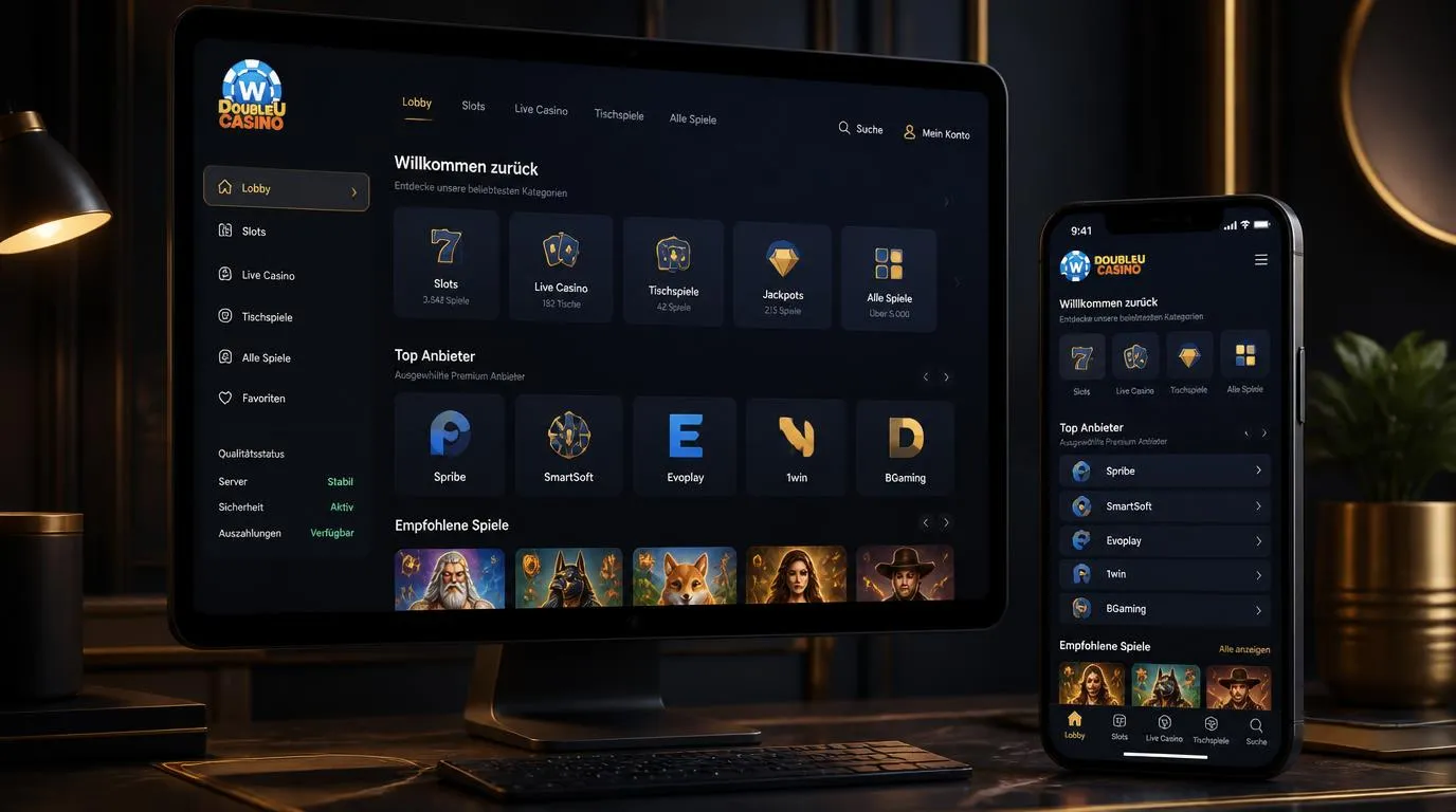 Moderner Casino-Bildschirm mit Spielauswahl, stabiler Navigation und bekannten Softwarestudios