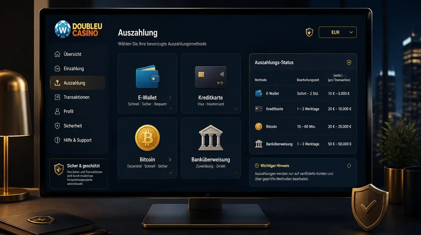 Kassenbereich eines Online-Casinos mit E-Wallet, Kreditkarte, Bitcoin und Banküberweisung