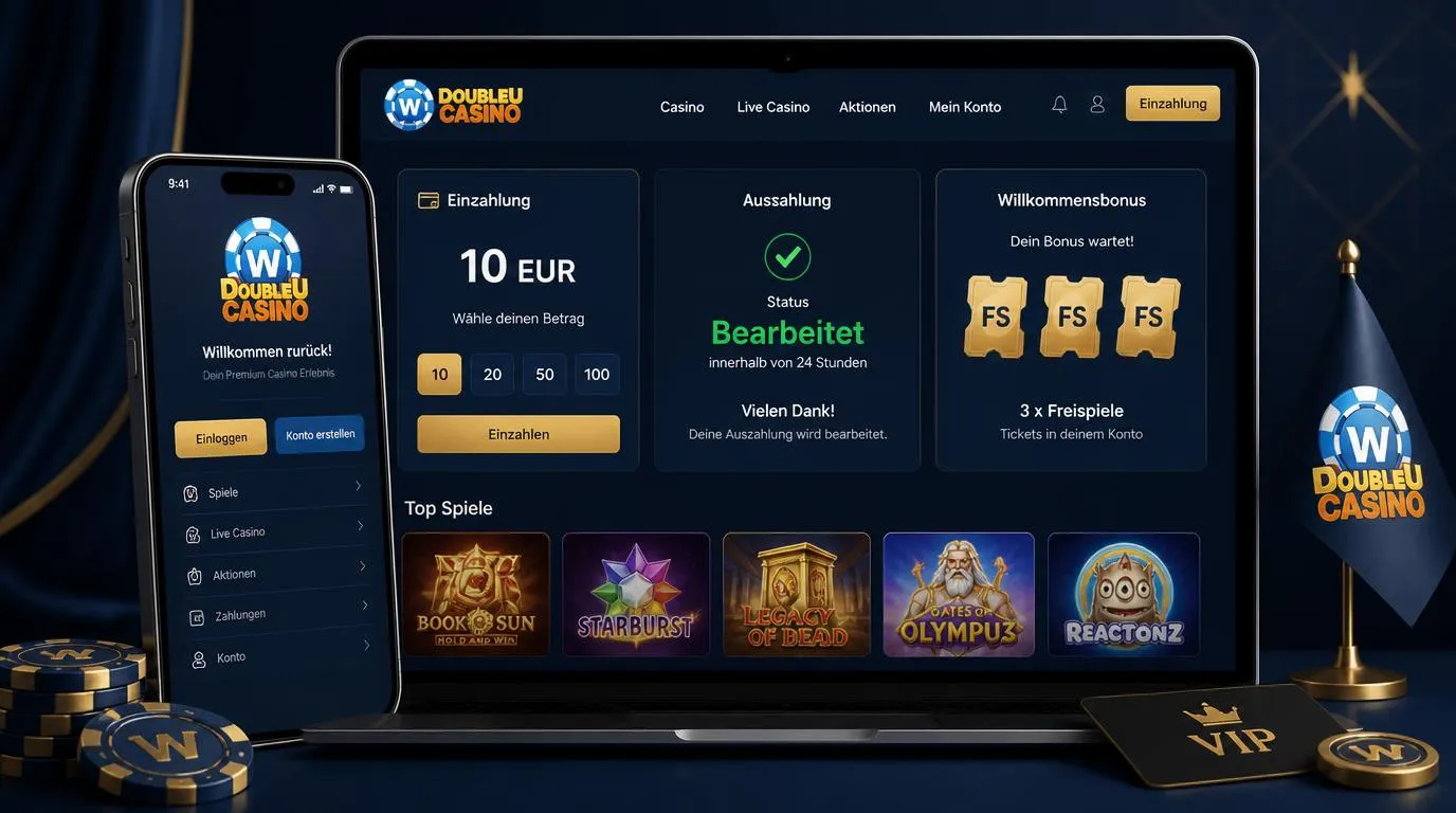 Casino-Oberfläche mit 10-EUR-Einzahlung, Auszahlungsstatus innerhalb von 24 Stunden und Freispielen