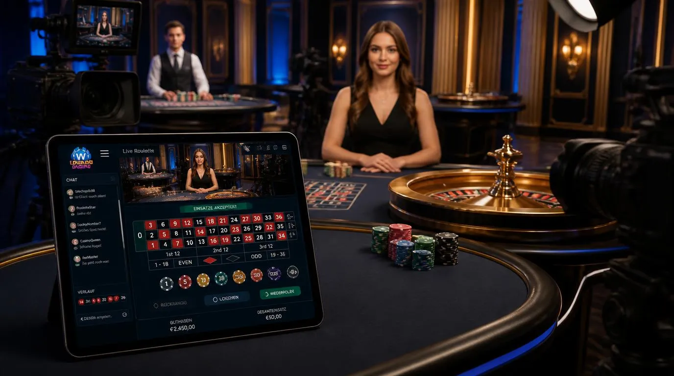 Live-Casino Studio mit Dealer am Roulettetisch, mehreren Kameras und klarer Spieloberfläche auf einem Tablet