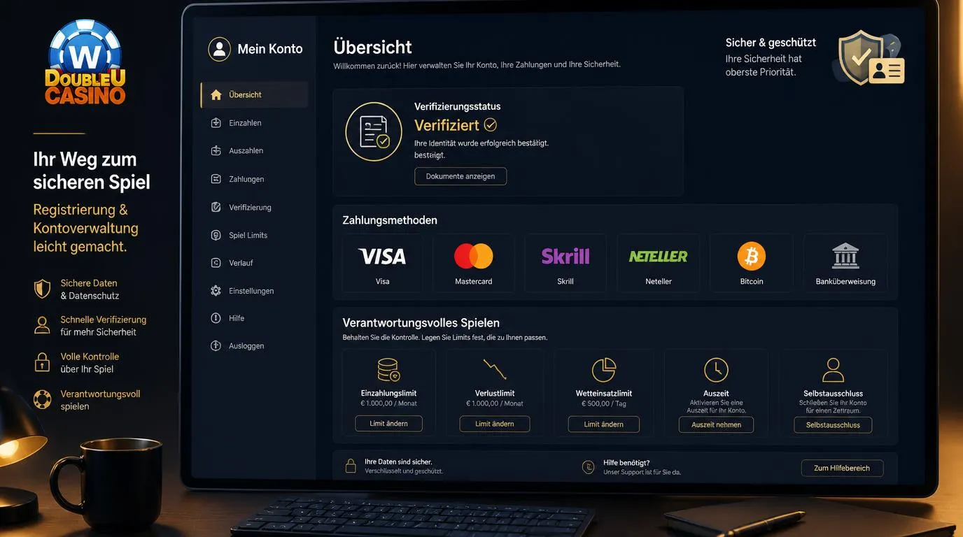 Registrierungsbereich eines Online-Casinos mit Verifizierung, Zahlungsoptionen und Kontolimits auf Deutsch