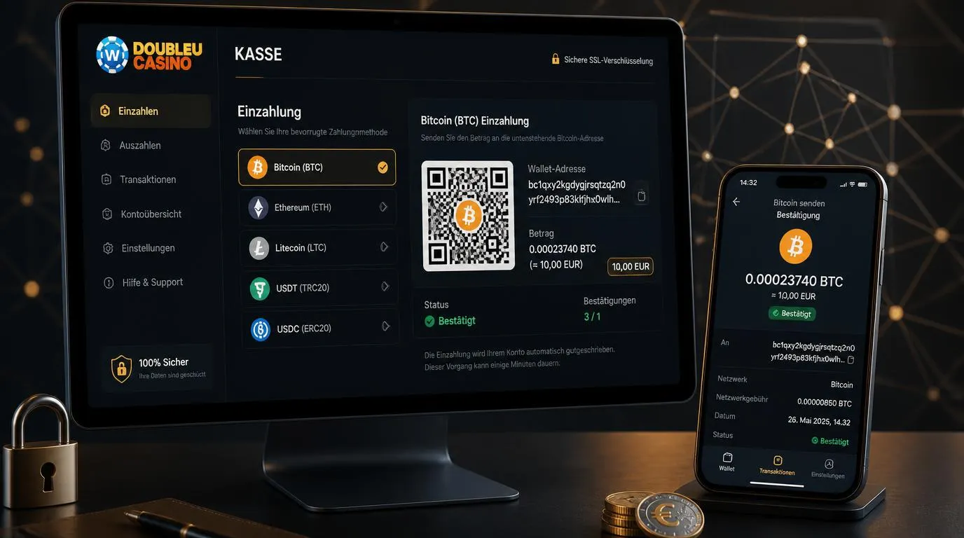 Bitcoin-Wallet mit BTC-Zahlung und bestätigter Einzahlung in einer Casino-Kasse