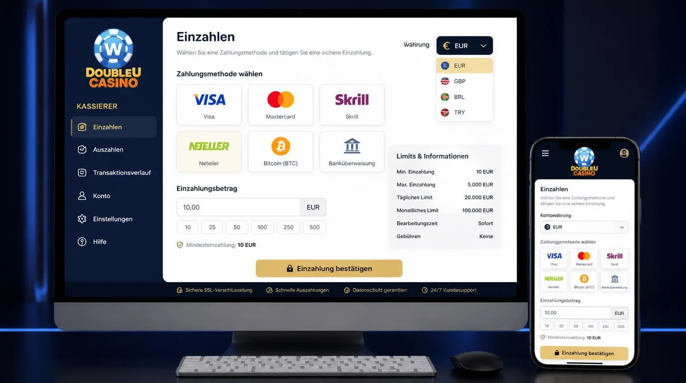 Kassenansicht mit Einzahlungslimit von 10 EUR und Auswahl von Karte, Wallet, Bitcoin und Banküberweisung