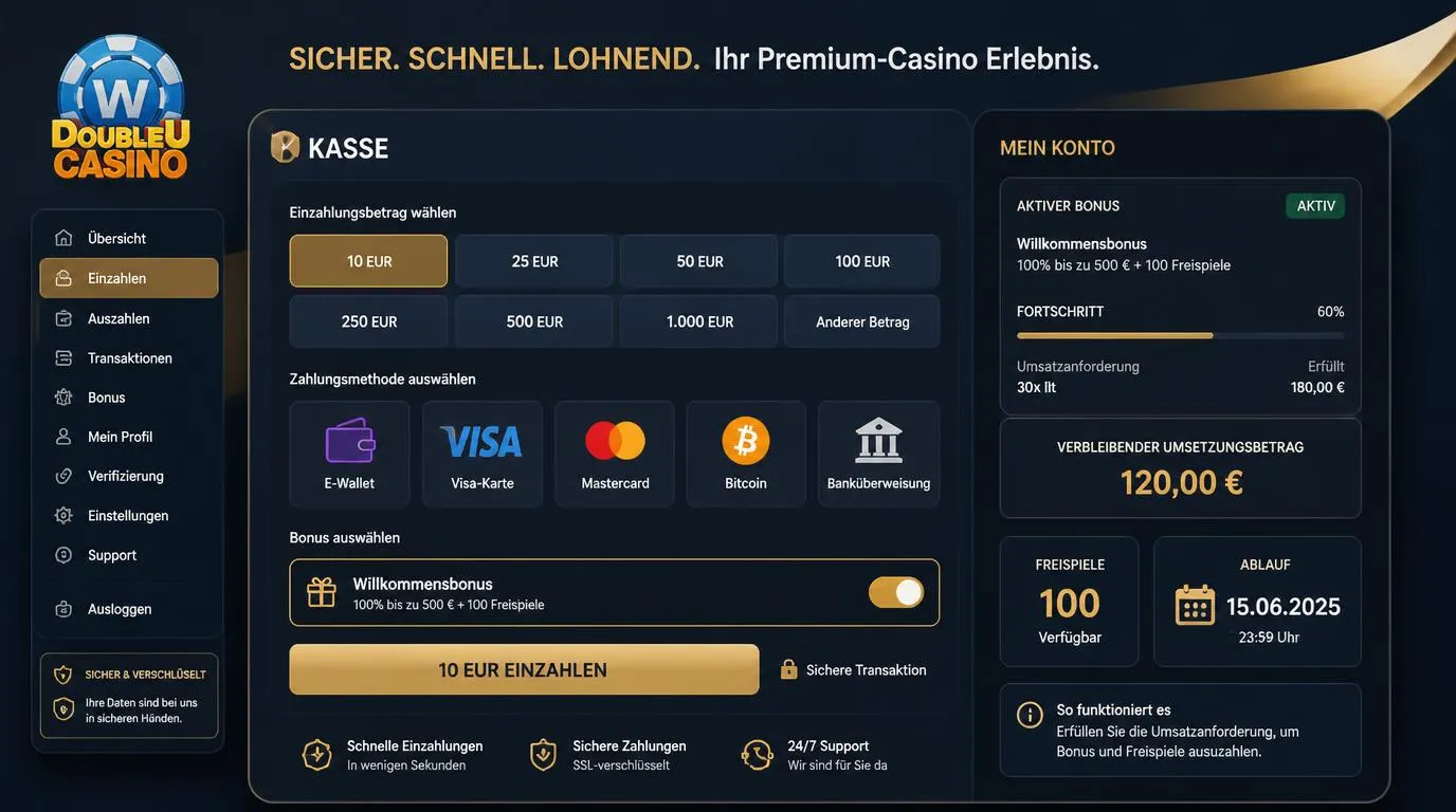 Kassenansicht mit Einzahlung, Bonusauswahl und Anzeige offener Umsatzbedingungen