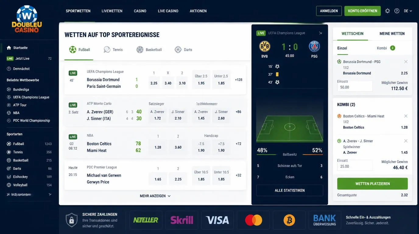 Sportwetten-Oberfläche mit Live-Quoten, Fußballmärkten, Wettschein und Zahlungsoptionen