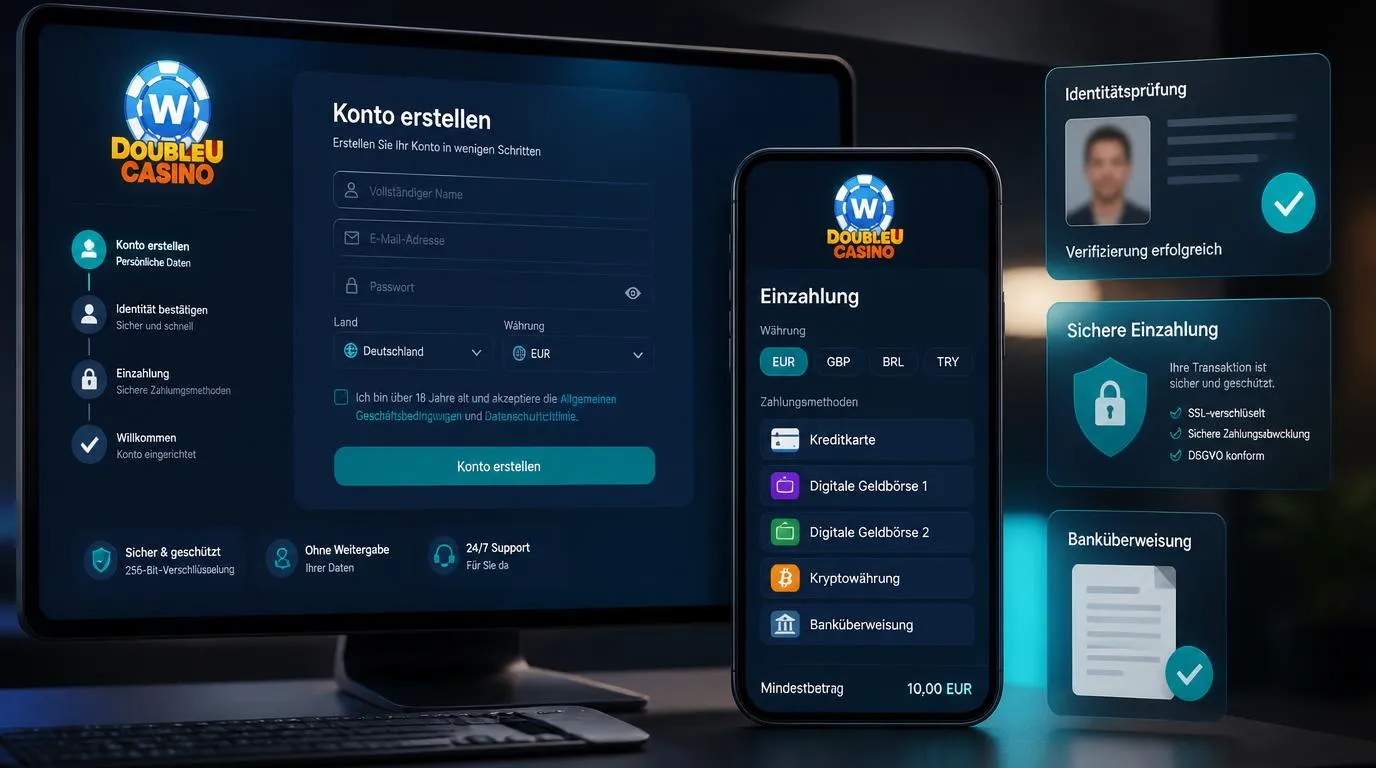 Kontoeröffnung und erste Einzahlung im Casino mit Ausweisprüfung, Karte und digitaler Wallet