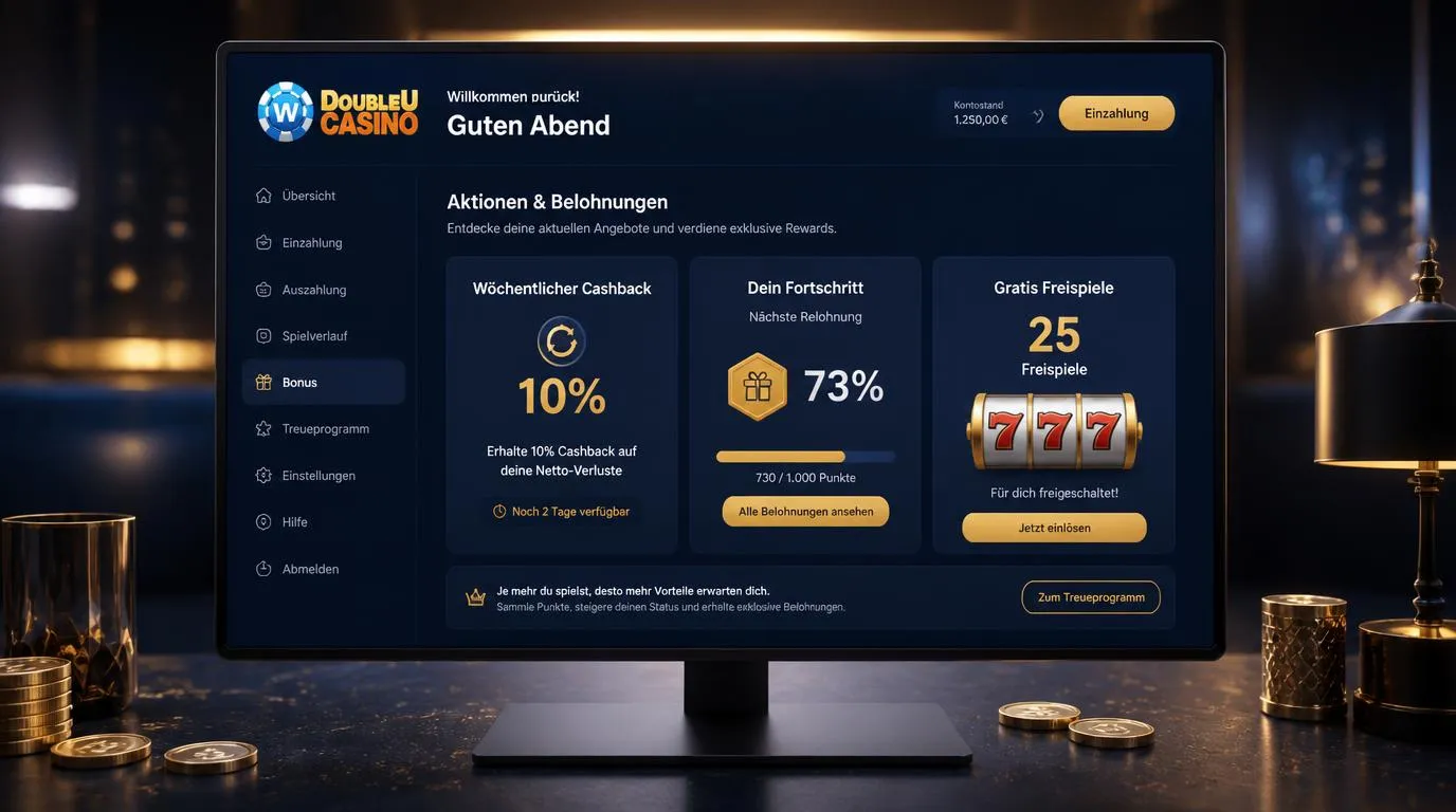 Casino-Benutzerkonto mit wöchentlichen Cashback- und Freispiele-Angeboten im Aktionsbereich