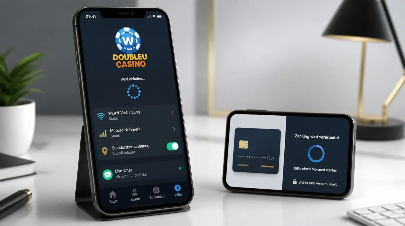 Smartphone mit Casino-App, Netzwerkprüfung und aktivem Live-Chat bei mobilen Zugriffsproblemen