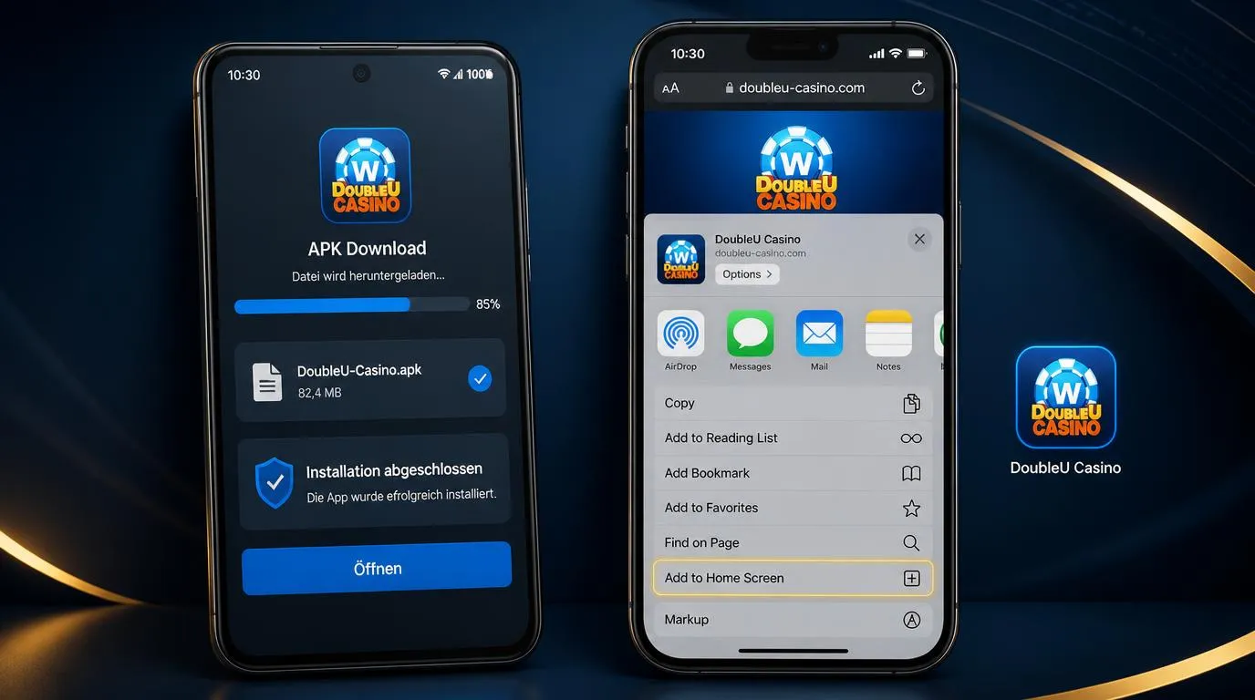 Android-Smartphone und iPhone mit Installationsseite und Browser-Symbol auf dem Homescreen